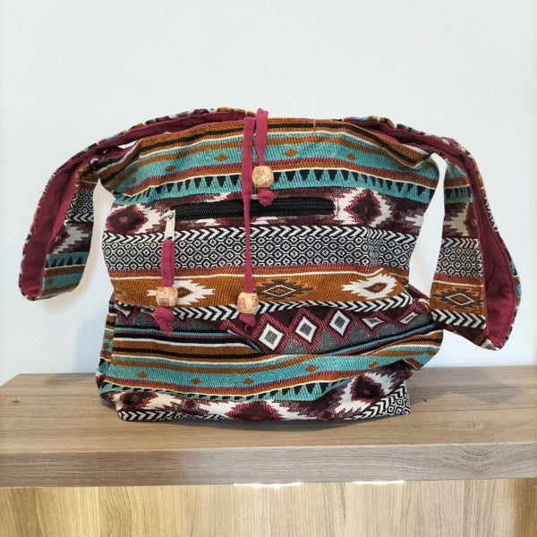 Borsa a tracolla nepalese in cotone colore cioccolato-rosso