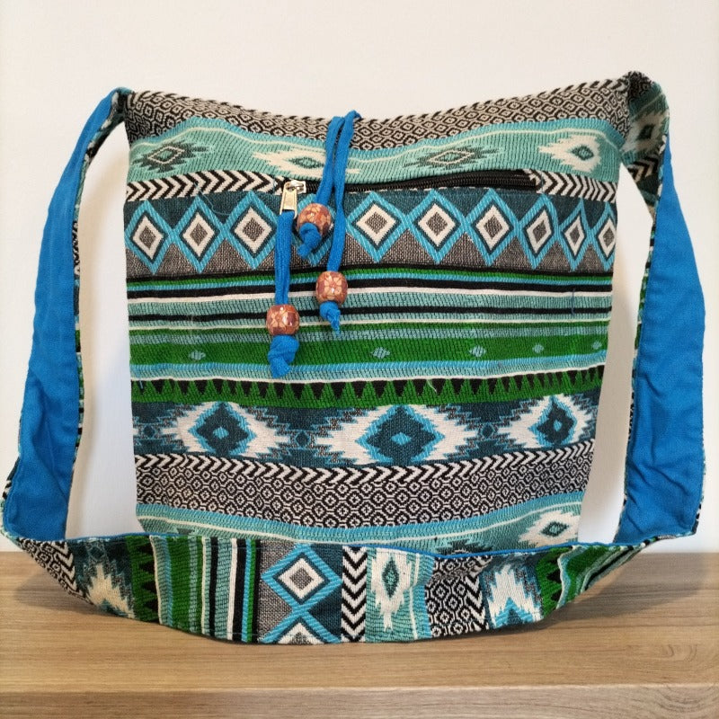 Borsa a tracolla nepalese in cotone colore celeste-verde