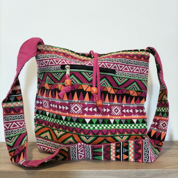 Borsa a tracolla nepalese in cotone colore fucsia-verde