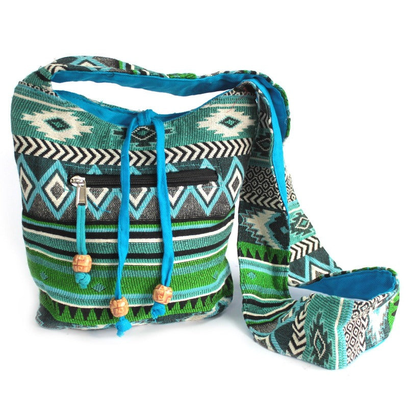 Borsa secchiello a tracolla nepalese in cotone colore celeste-verde